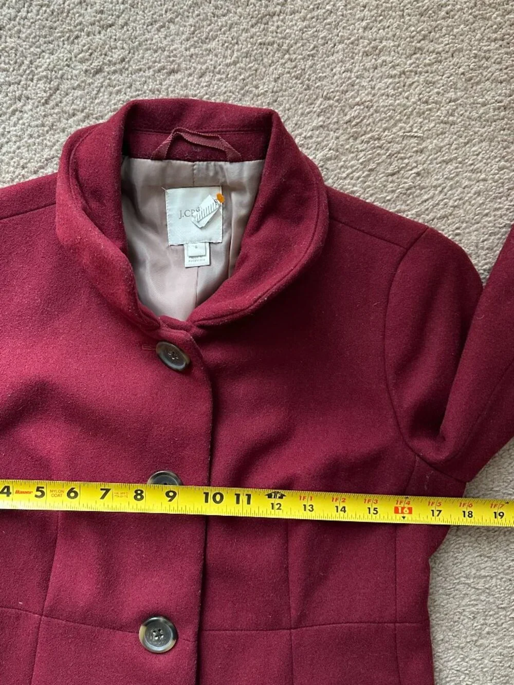 J Crew Coat Womens 6 Long Wool Blend Collared Button Close Red Pockets - Picture 9 of 14